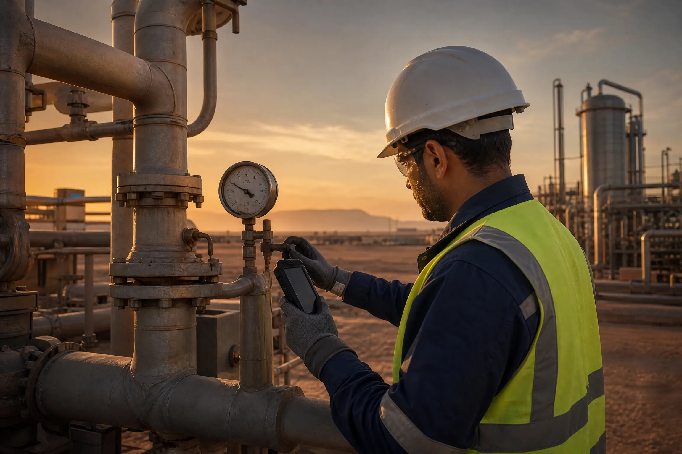 مهندس يفحص معدات نفطية